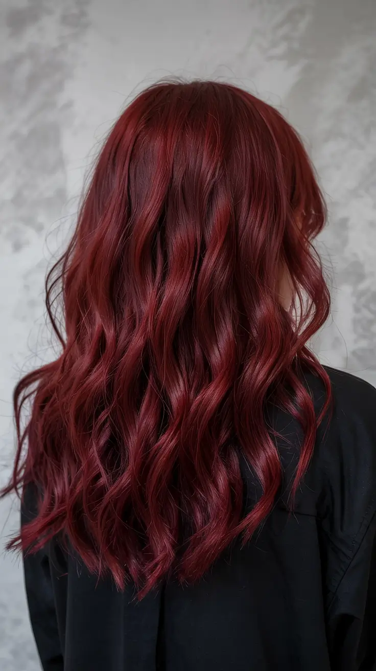 fall red hair color Velvety Merlot Waves with Shadow Roots