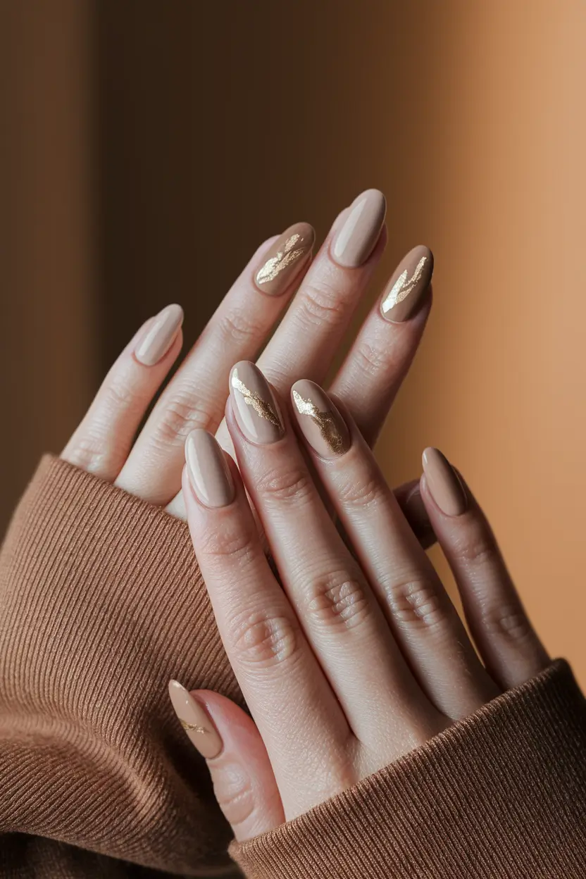 fall season nails simple almond Beige Almonds with Delicate Gold Foil