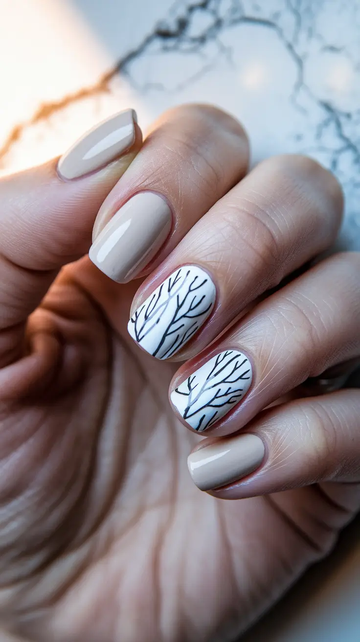 fall season nails short Minimal Branch Art in Nude Tones
