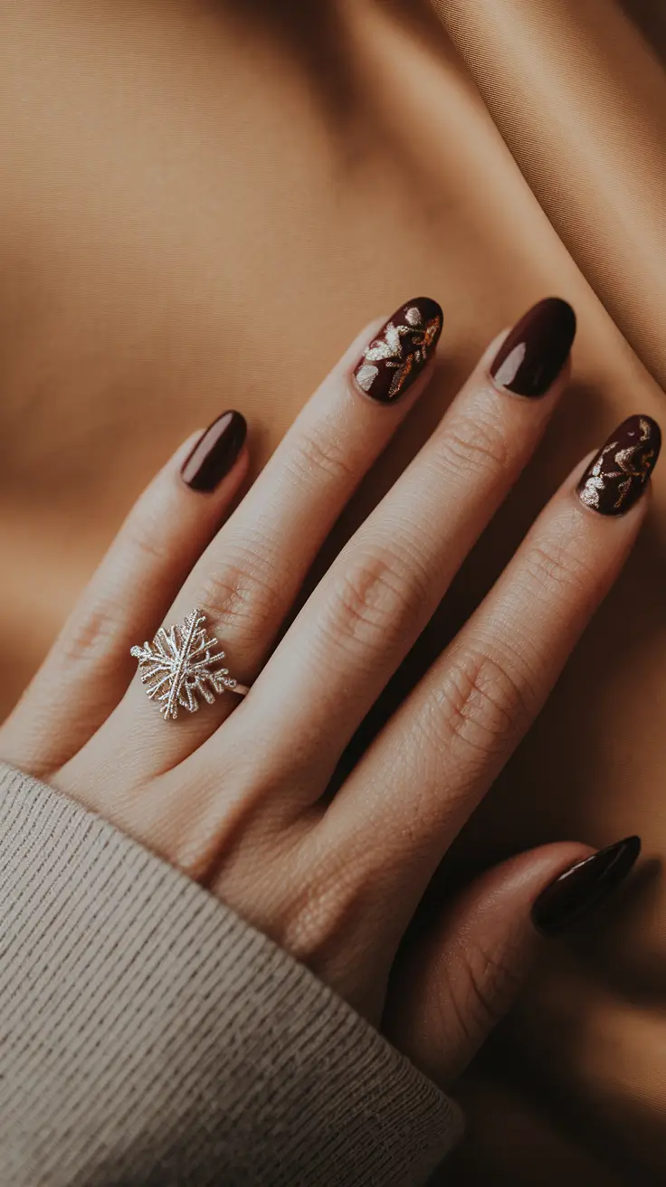 fall season nails short almond Autumn Foil & Wine Shine