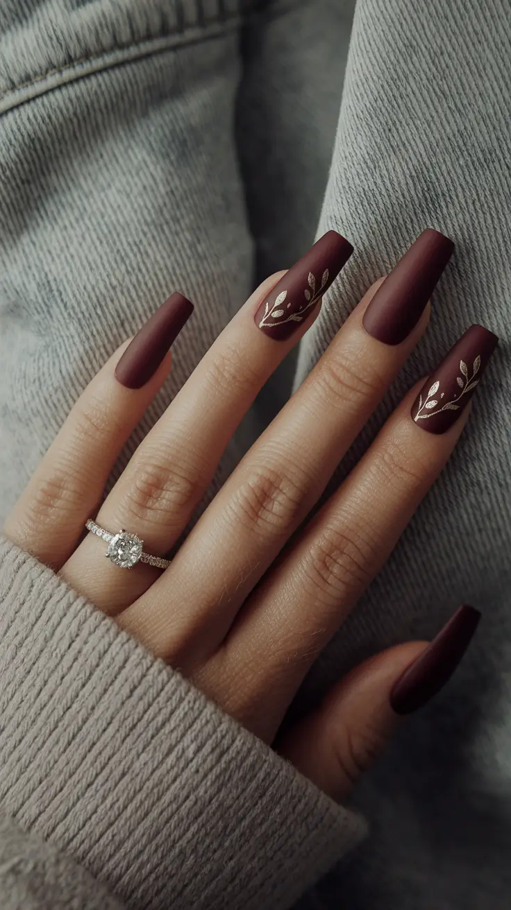 fall season nails acrylic square Matte Burgundy with Gold Leaf Detail