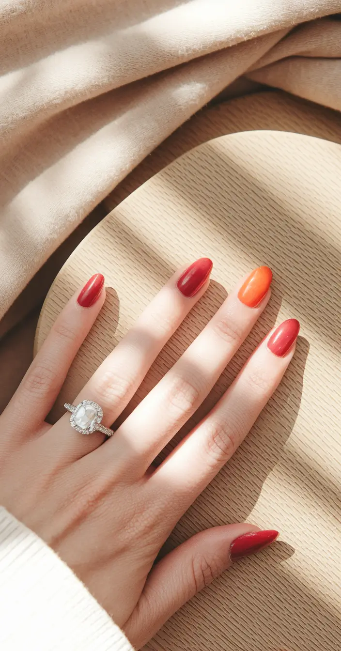 fall season nails short almond Fiery Ombre of Scarlet and Tangerine