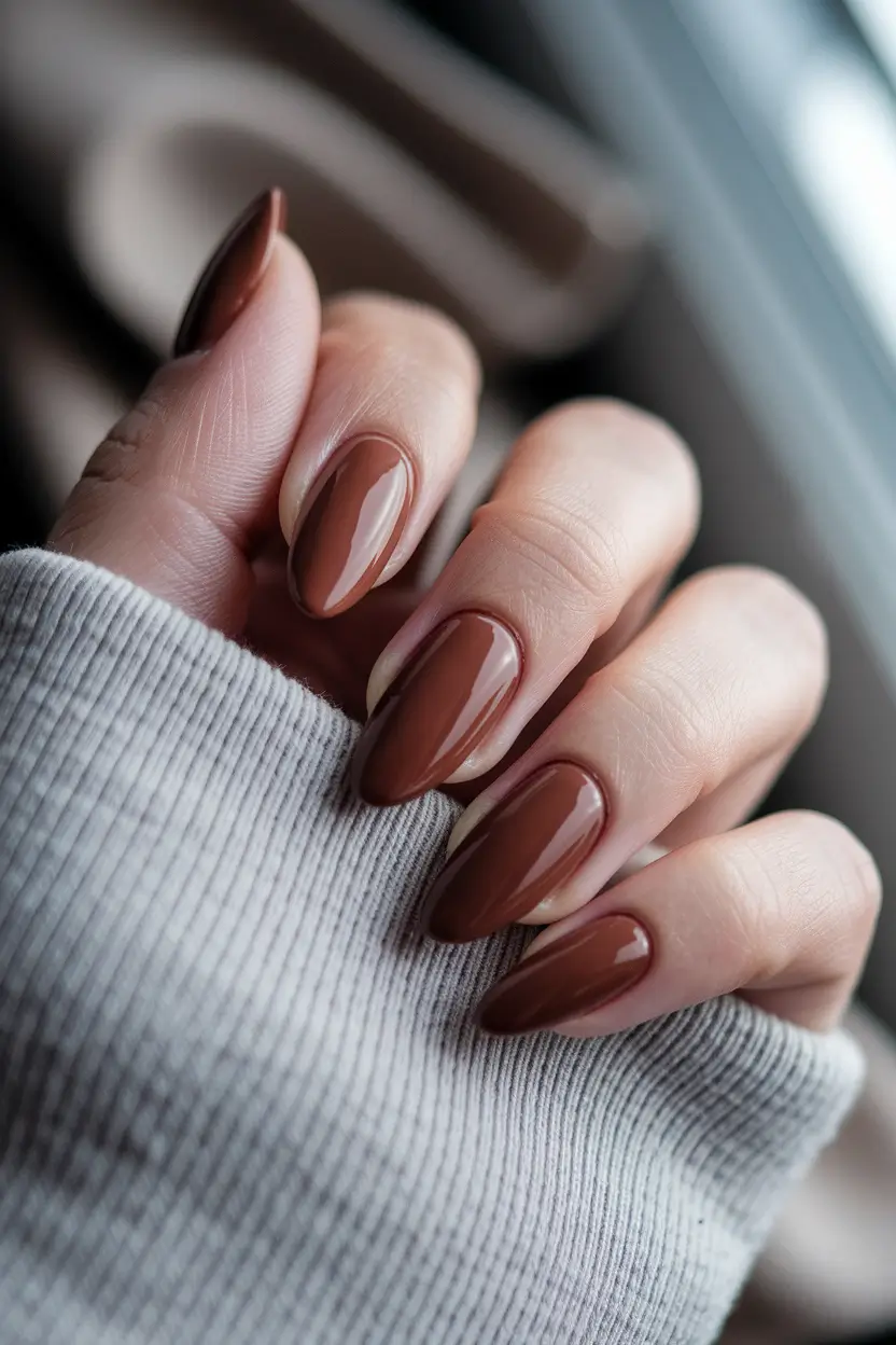 fall season nails brown Molten Cocoa Gloss on Almond Tips