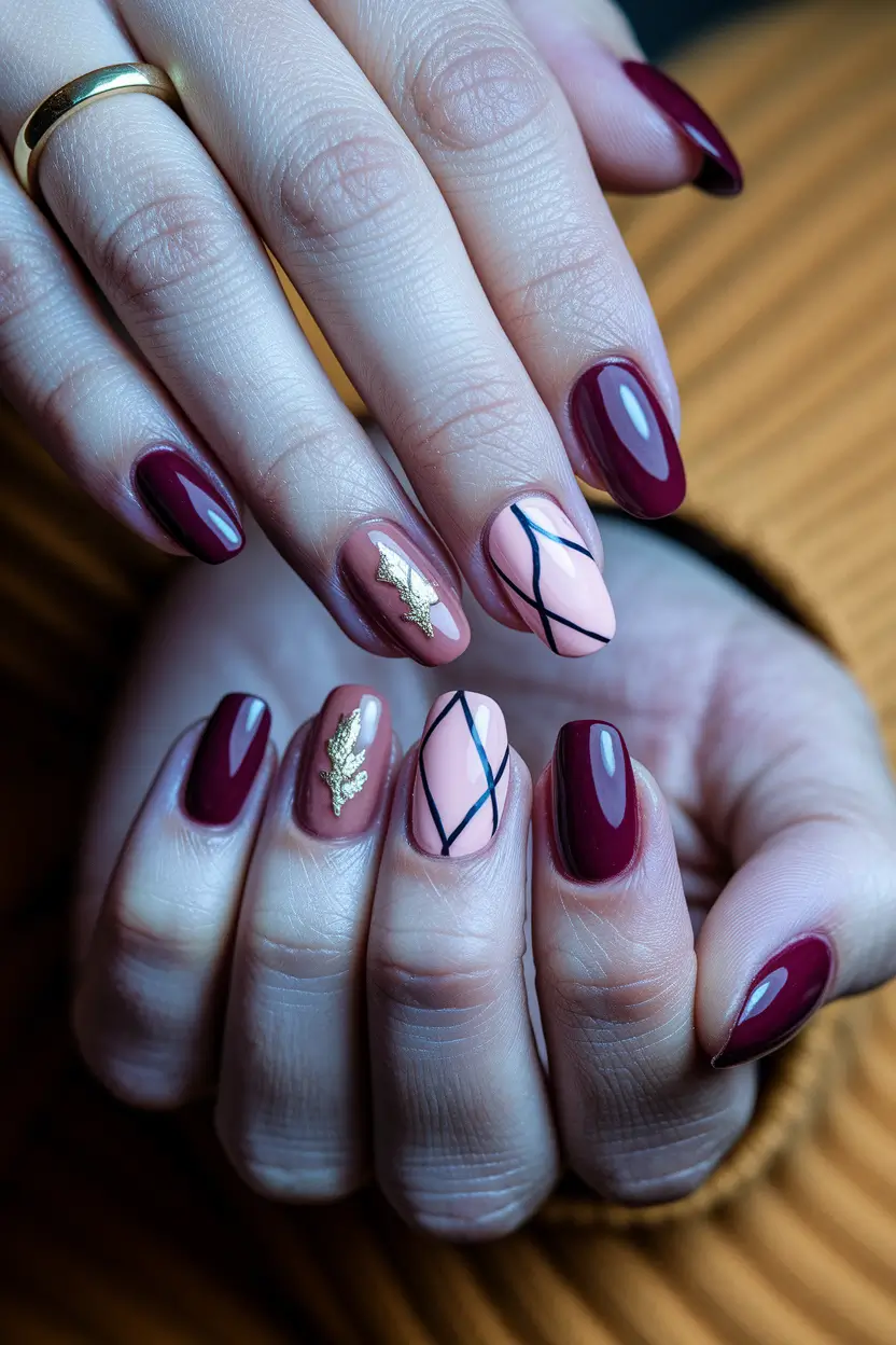 fall season nails colors almond Autumn Leaves and Lines in Marsala & Nude