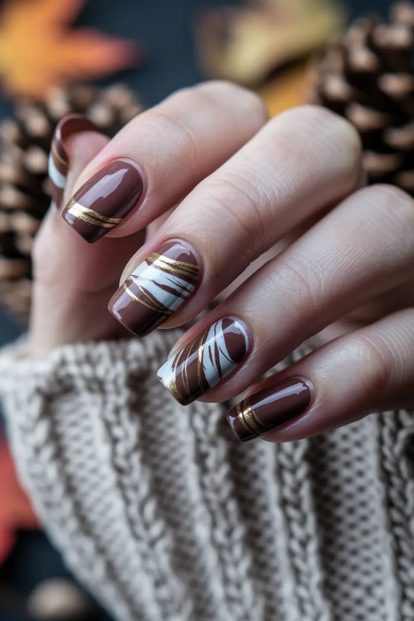 fall season nails french tip Chocolate French with Graphic White Streaks