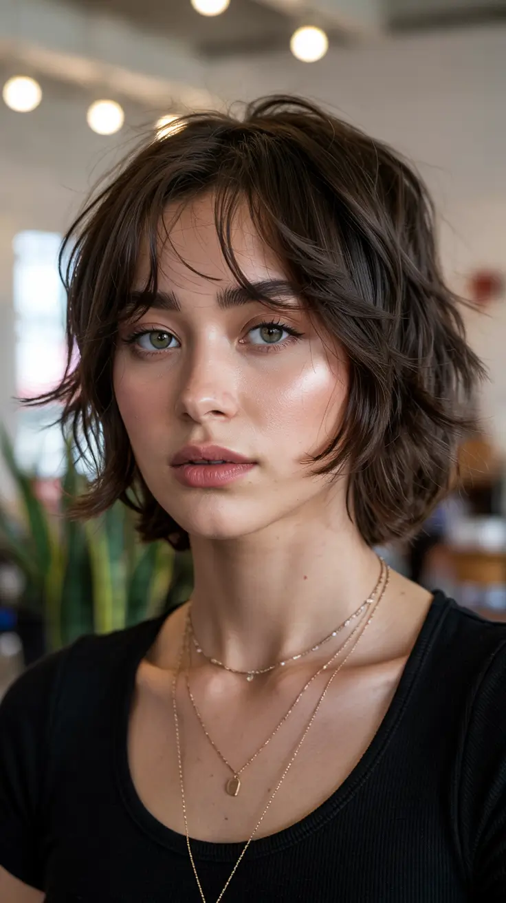 Tousled Brunette Shag with Barely-There Bangs