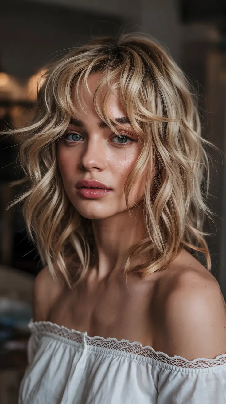 Soft Blonde Waves with Shaggy Curtain Fringe