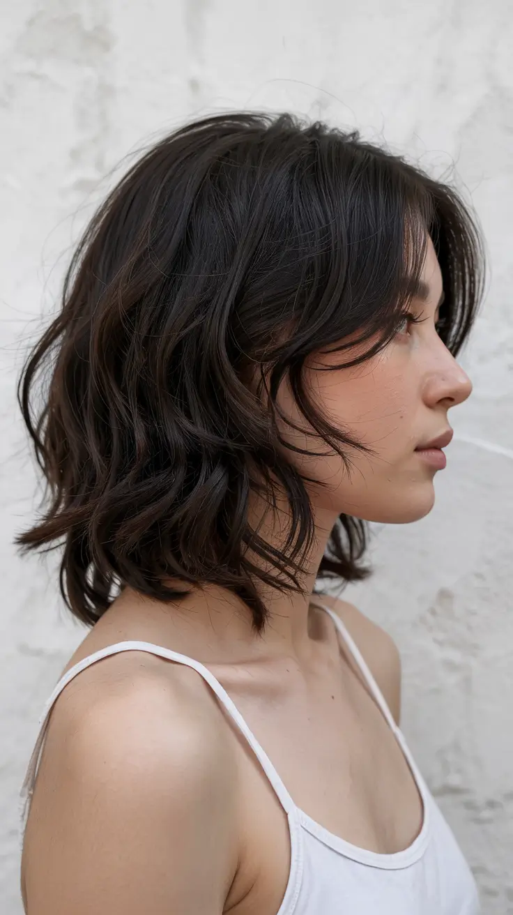 fall shag haircuts Wavy Brunette Crop with Clean Texture