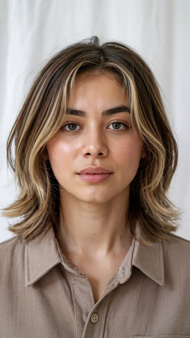 fall shag haircuts Classic Collarbone Chop with Golden Highlights
