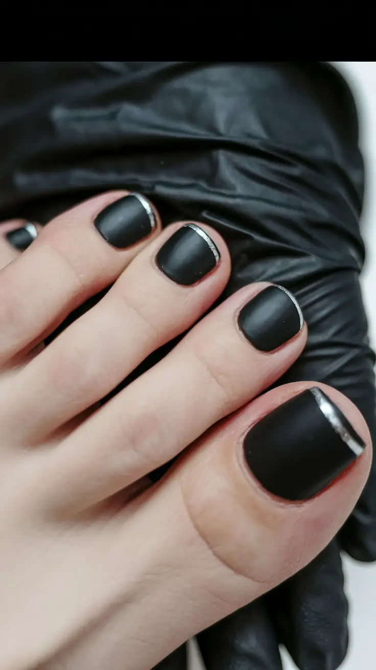 fall toe nails Matte Noir with Silver Cuticle Strikes