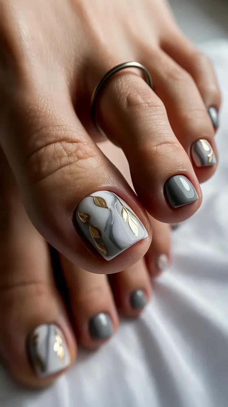 fall toe nail colors Marble Elegance with Golden Leaves