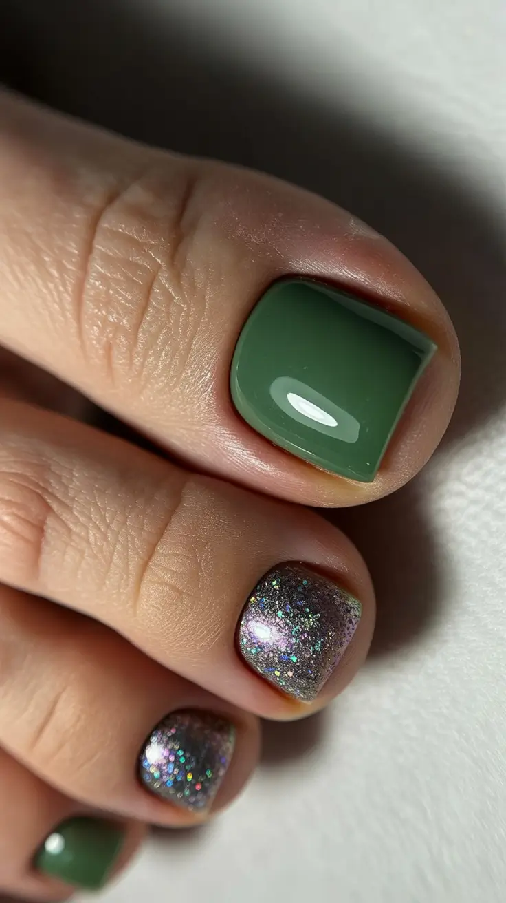 fall toe nail colors autumn pedicure Olive Grove with Glitter Twilight