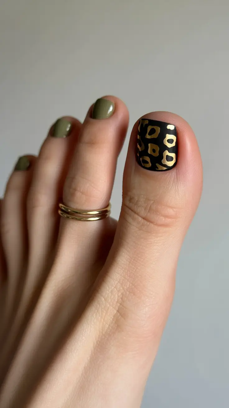 fall toe nail colors Matte Olive with Leopard Accent