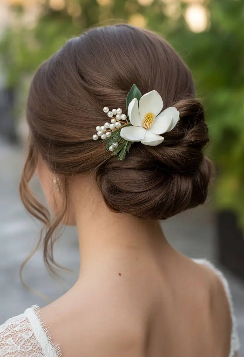 fall wedding hairstyles for bride Low Rolled Bun with Magnolia Detail