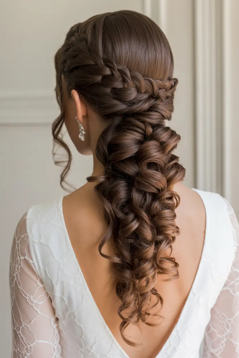fall wedding hairstyles down Braided Cascade with Glossy Spiral Curls