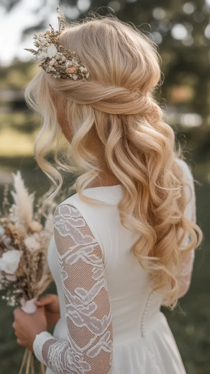 fall wedding hairstyles for bride Golden Boho Waves with a Dried Floral Crown