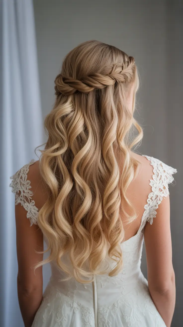 fall wedding hairstyles bridesmaid Loose Braid Crown with Flowing Blonde Curls