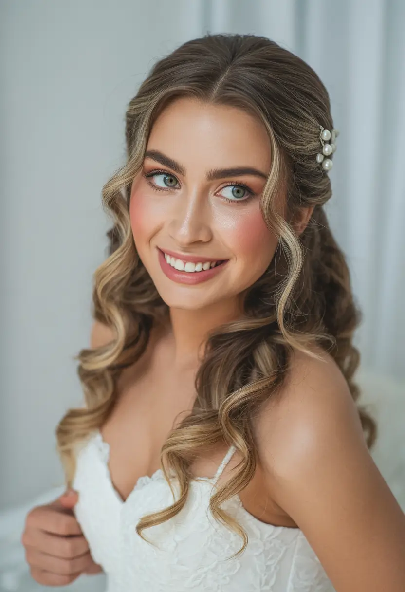 fall wedding hairstyles down Romantic Waves with Pearl Side Clip