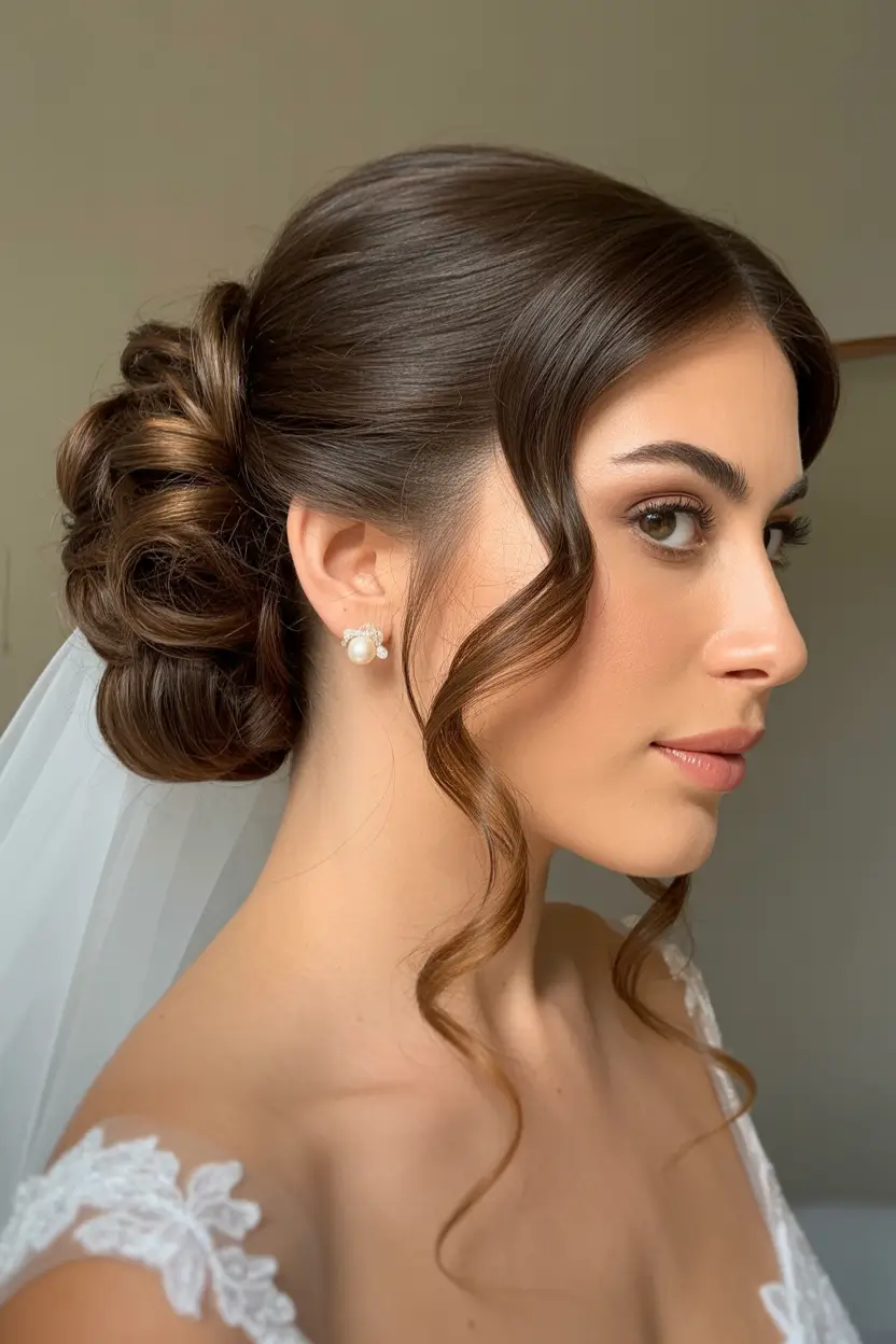 fall wedding hairstyles with veil Sculpted Bun with Romantic Curls