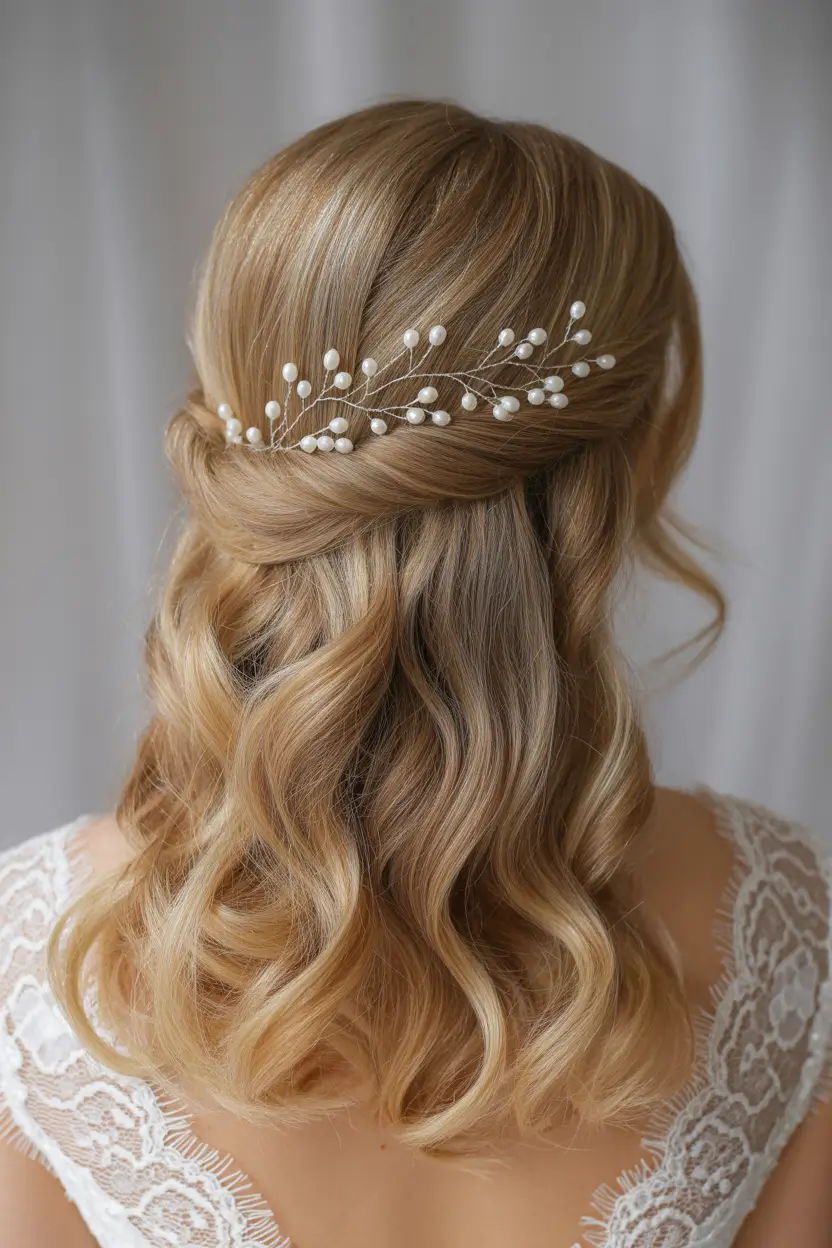 fall wedding hairstyles long hair Soft Pearl-Touched Half-Updo