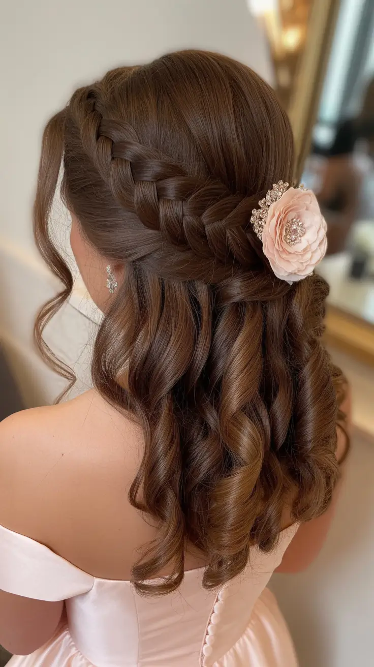 fall wedding hairstyles for long hair Romantic Braid Crown with Blush Accents