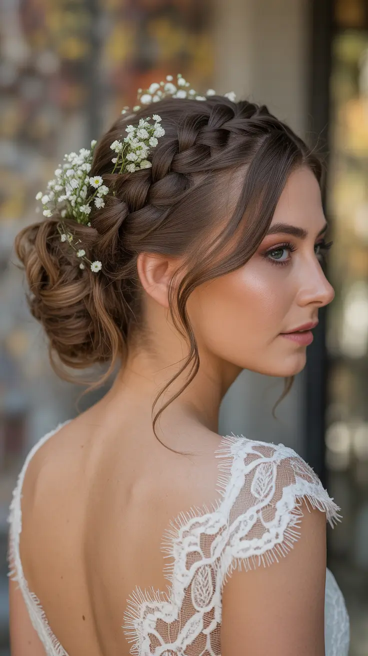 fall wedding hairstyles for bride updo Braided Halo with Fresh Florals
