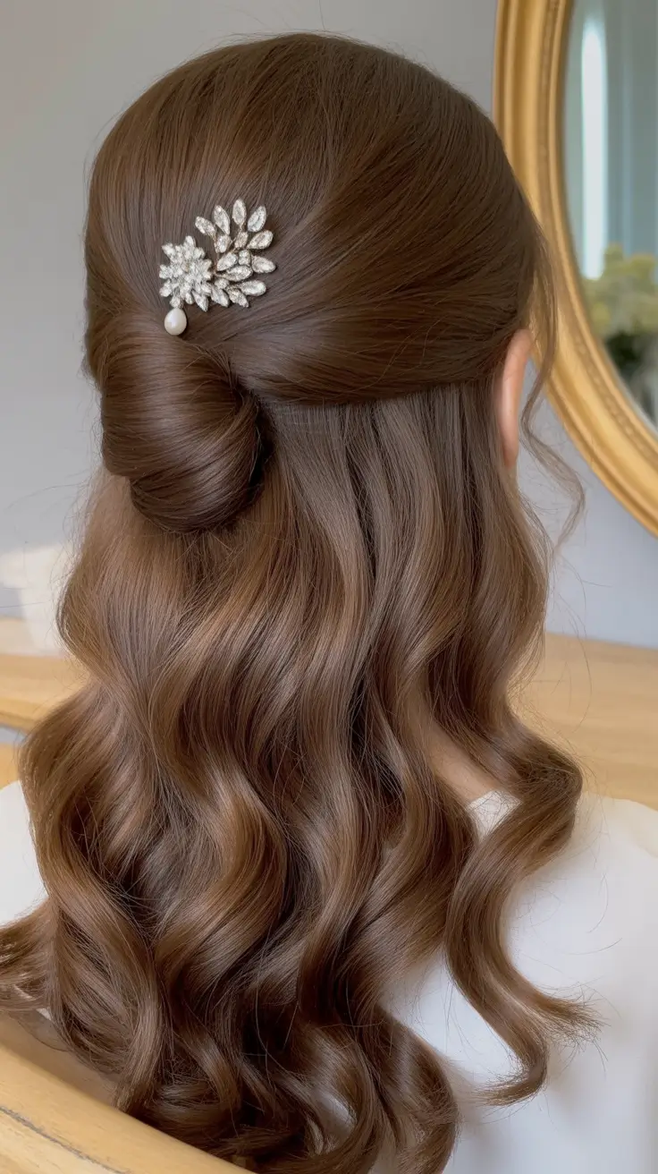 fall wedding hairstyles down Half-Twist Waves with Crystal Barrette