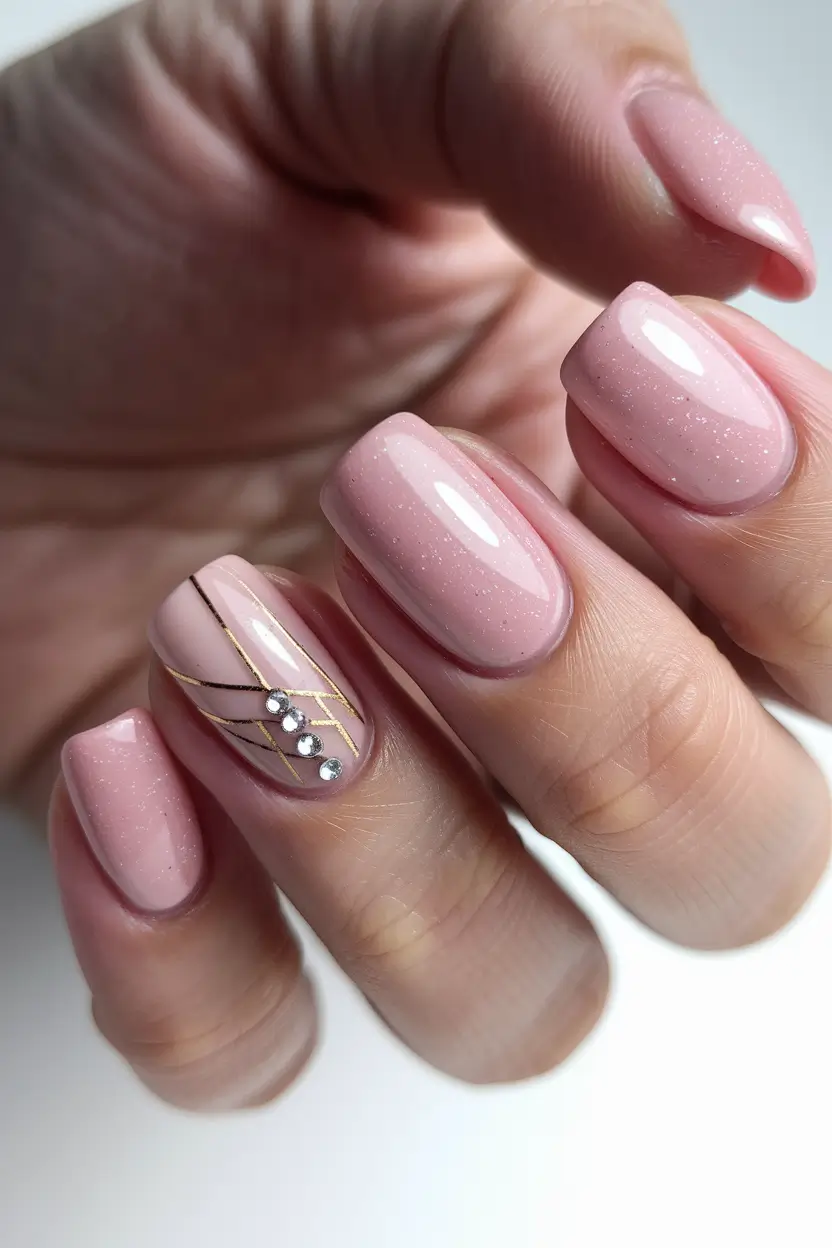 fall wedding nails for guest simple Dusty Rose with Gold Lines and Rhinestones