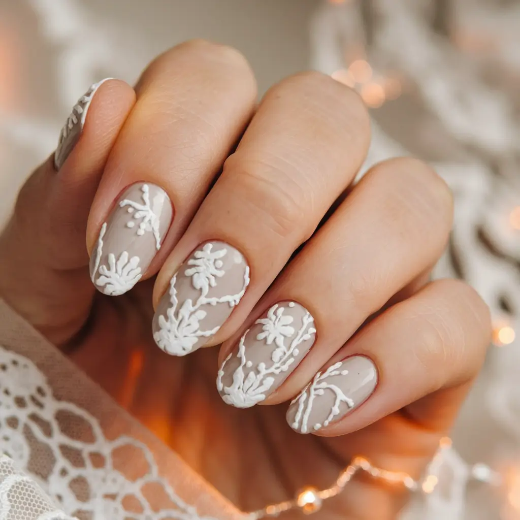 fall wedding nails for bride gel Delicate White Lace Detailing