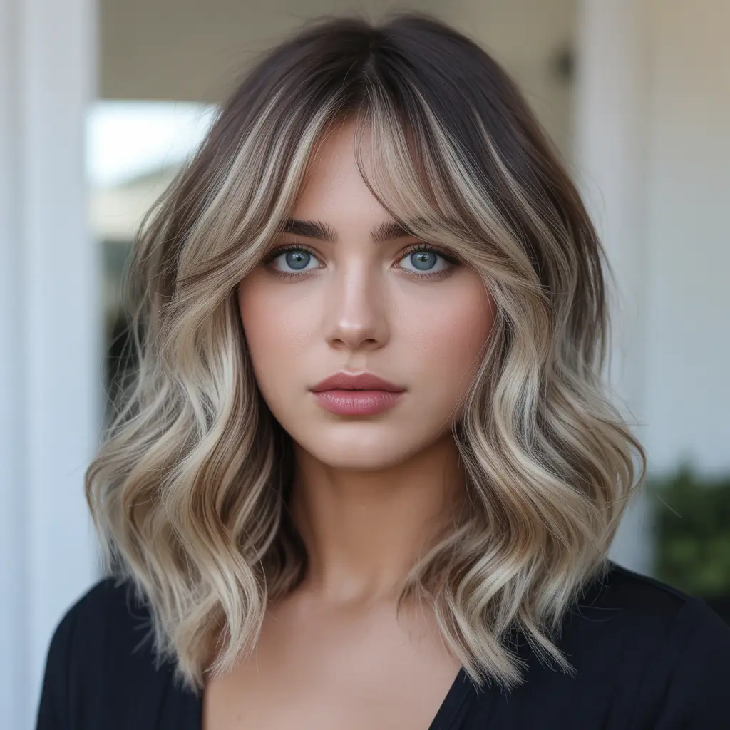 hair color for brown skin Smoky Blonde Balayage with Wispy Layers