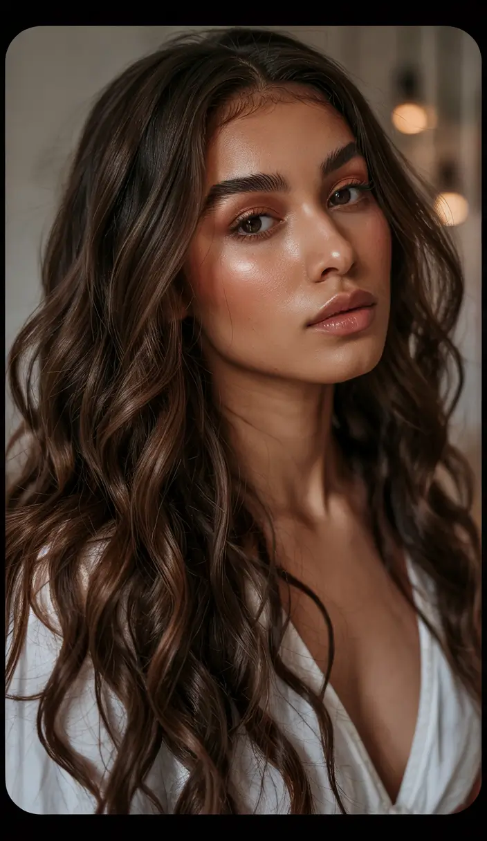 hair color for brown skin Long Loose Curls with Autumnal Depth