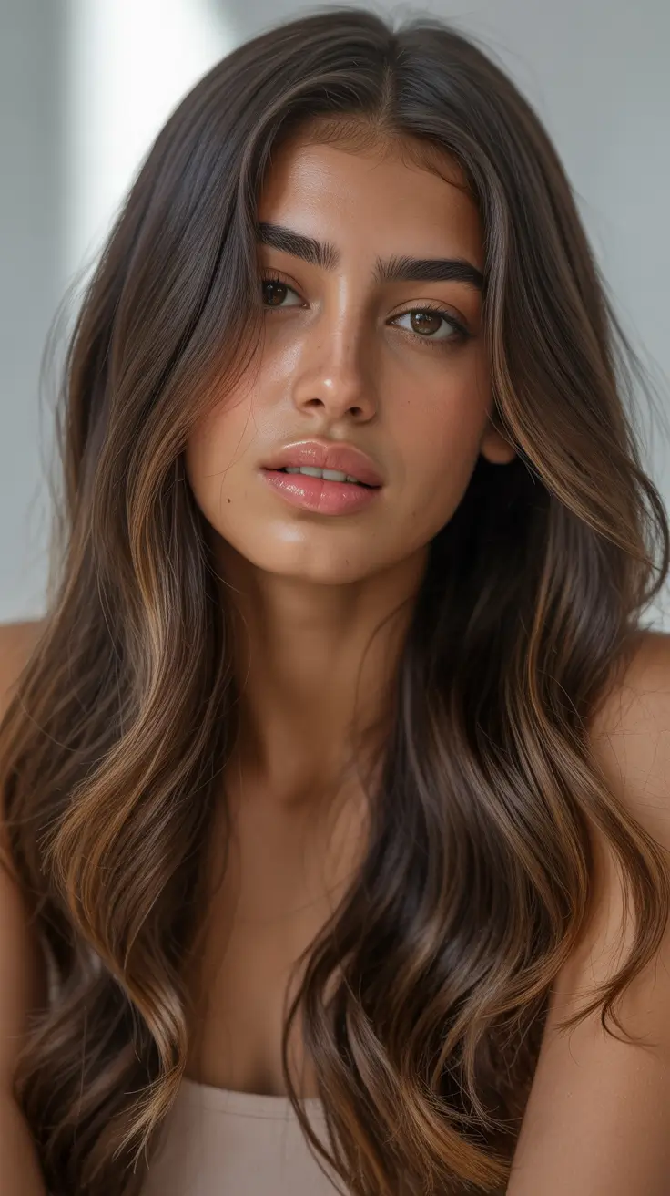 hair color for brown skin Soft Mocha Balayage with Golden Flickers