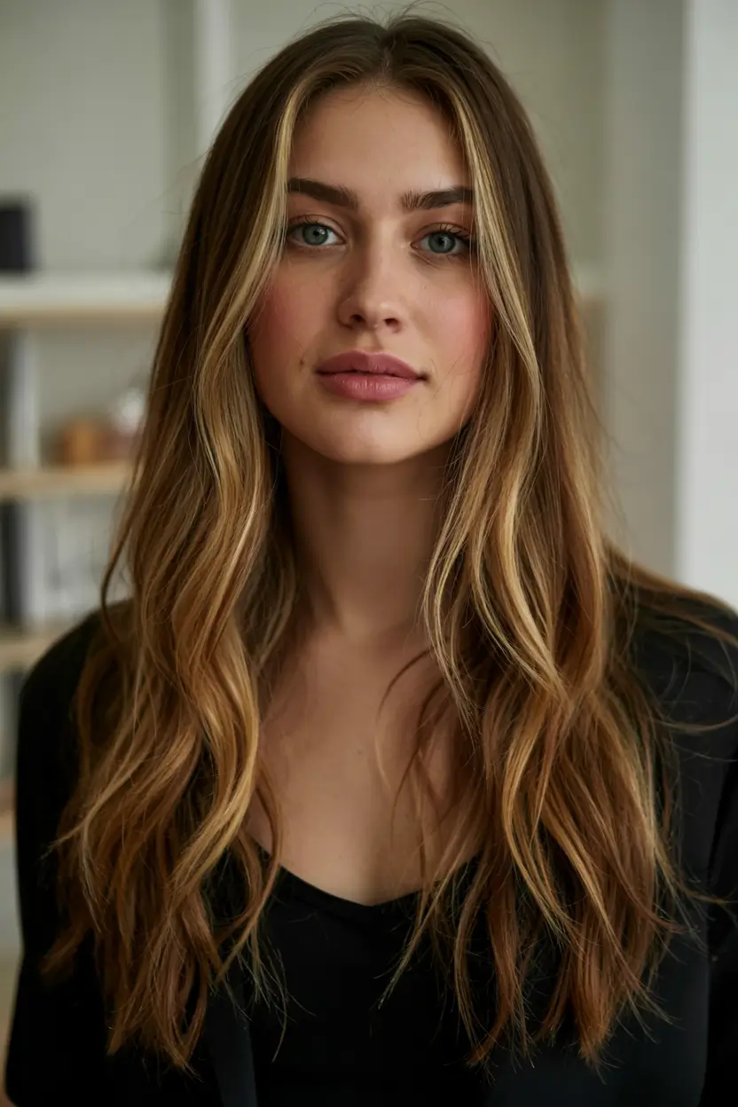 hair color for brown skin Golden Walnut Waves with Soft Face-Framing Highlights