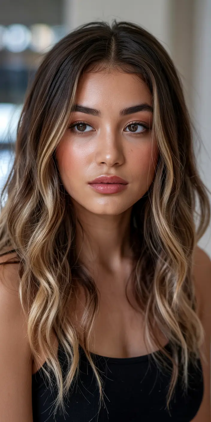 hair color for brown skin Soft Hazelnut Shimmer on Layered Brunette Waves