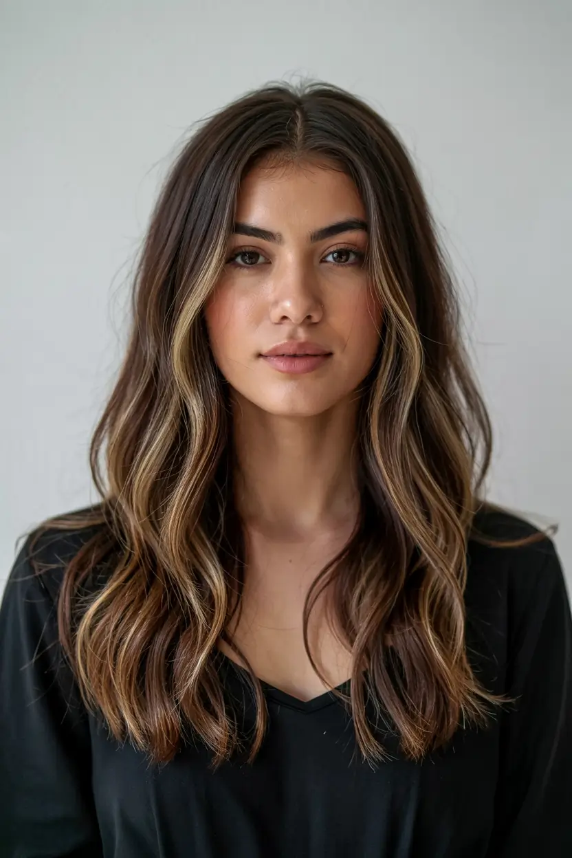 hair color for brown skin Golden Ribbon Balayage with a Rooted Base