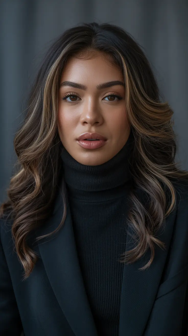 hair color for brown skin Glossed-Out Mocha Waves with Light Reflective Layers
