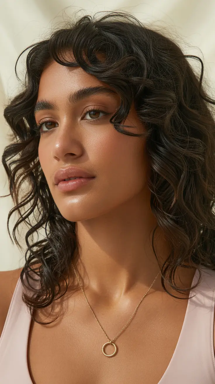 hair color for brown skin Chic Shoulder-Length Curls with Layered Bangs