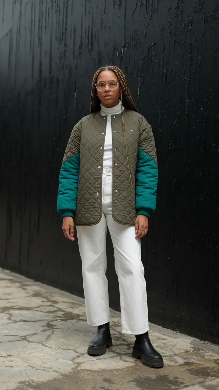 fall layering outfits black women Colorblock Cool with Quilted Warmth