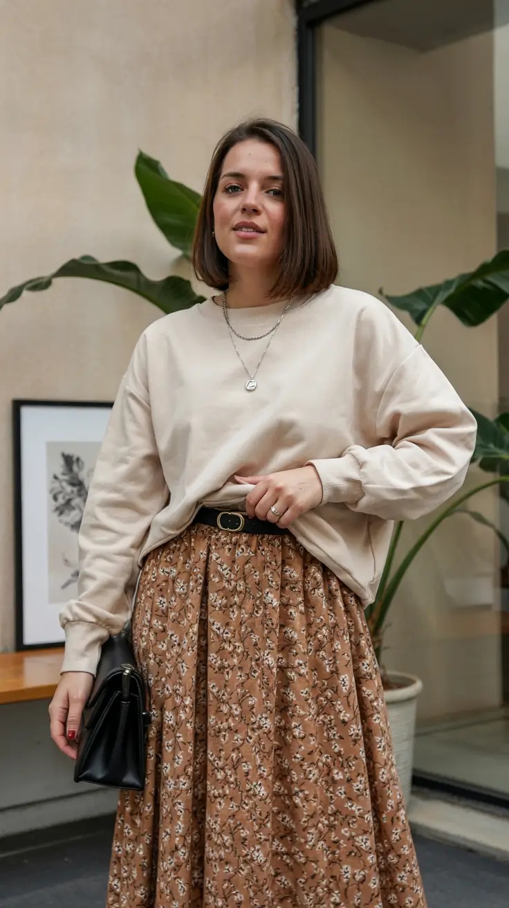 chic fall midsize outfits Relaxed Neutrals Meet Soft Florals