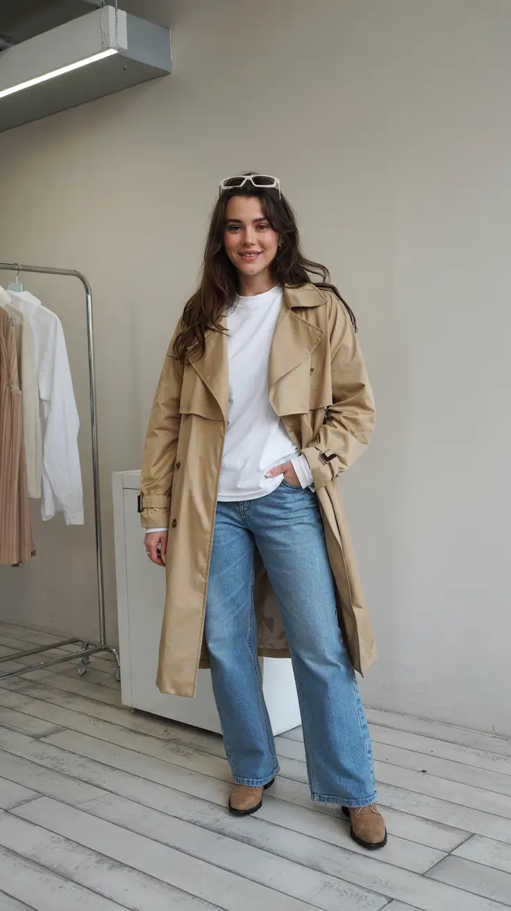 chic fall midsize outfits Classic Camel Meets Denim Comfort