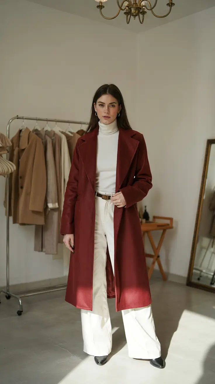 chic fall midsize outfits Crimson Power with Soft Ivory Layers