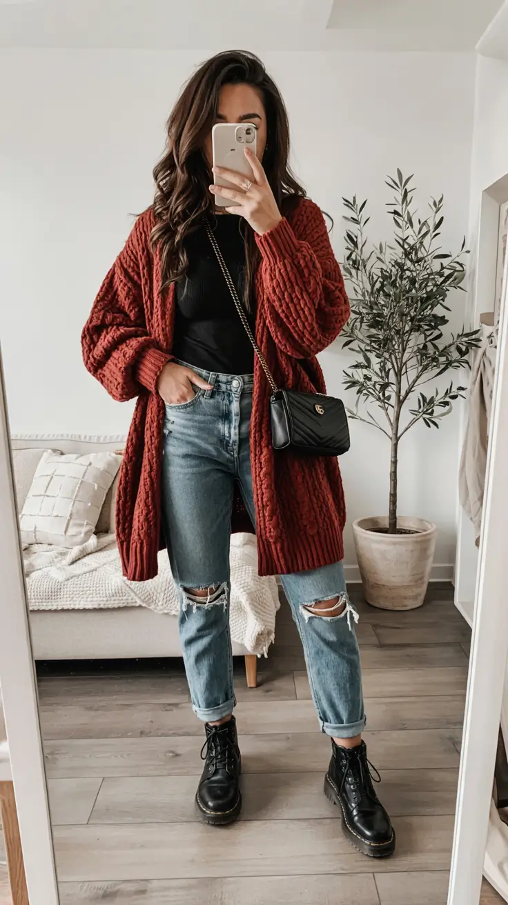 chic fall midsize outfits Layered Comfort with an Edgy Cardigan