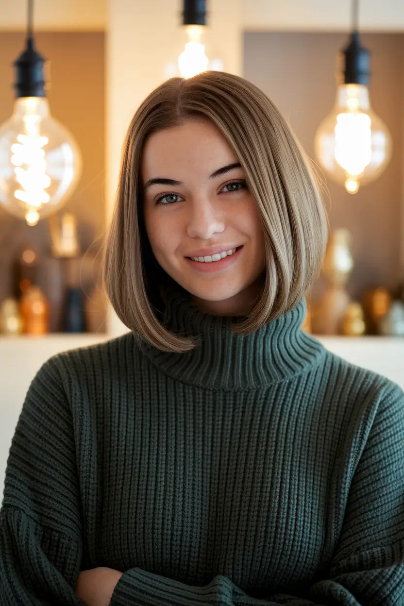 popular fall haircuts for round faces Smooth Inverted Bob with Middle Part