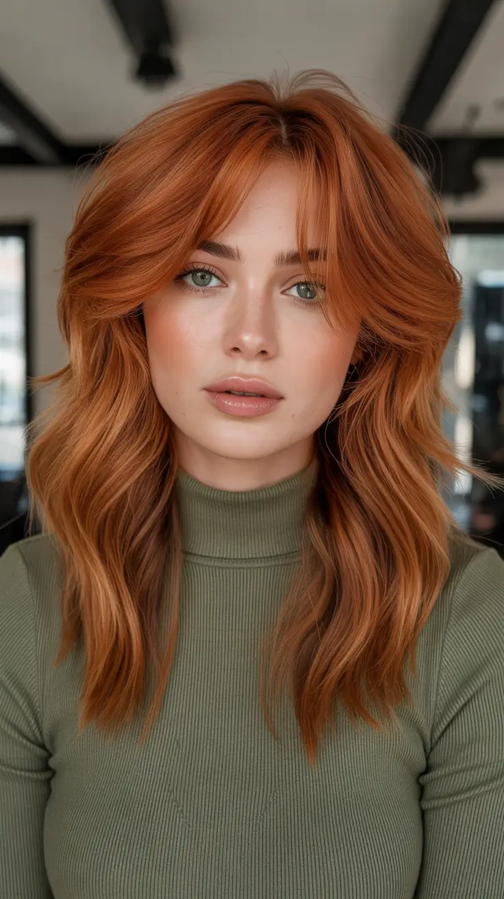 september hair color ideas brunette Layered Copper Flame with Curtain Bangs
