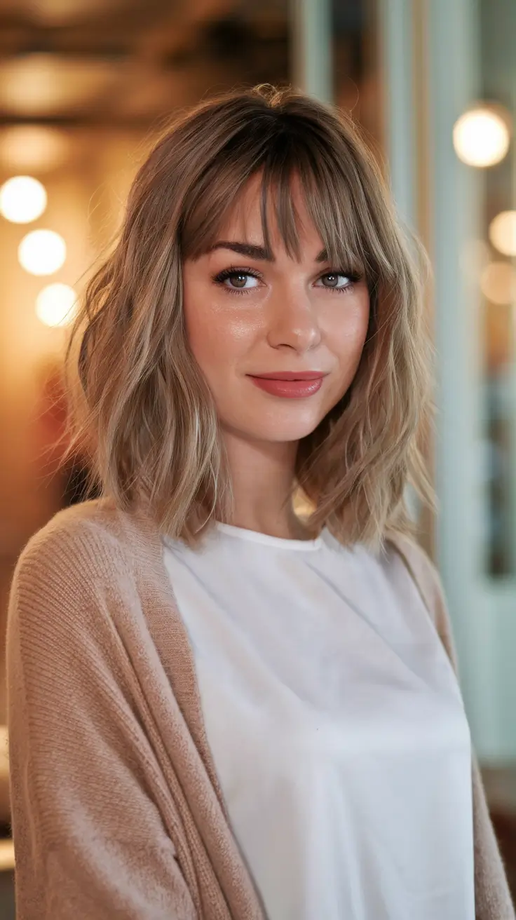 fall haircuts for wavy hair Textured Wavy Lob with Curtain Bangs