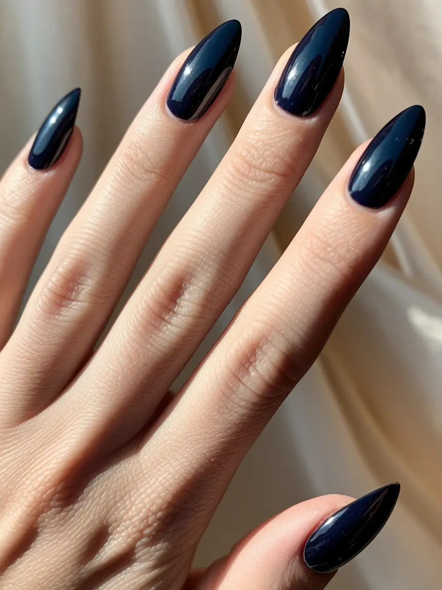 september nails color fall short almond Midnight Navy Almond Elegance
