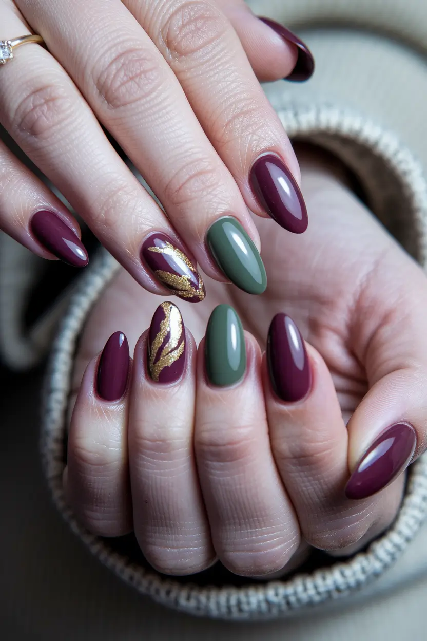 september nails designs almond Olive Meets Merlot With a Golden Accent