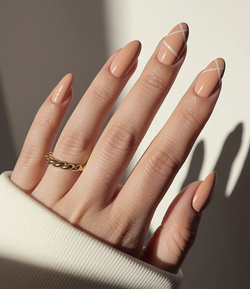 september nails designs simple Peachy Nude with Modern White Line Art