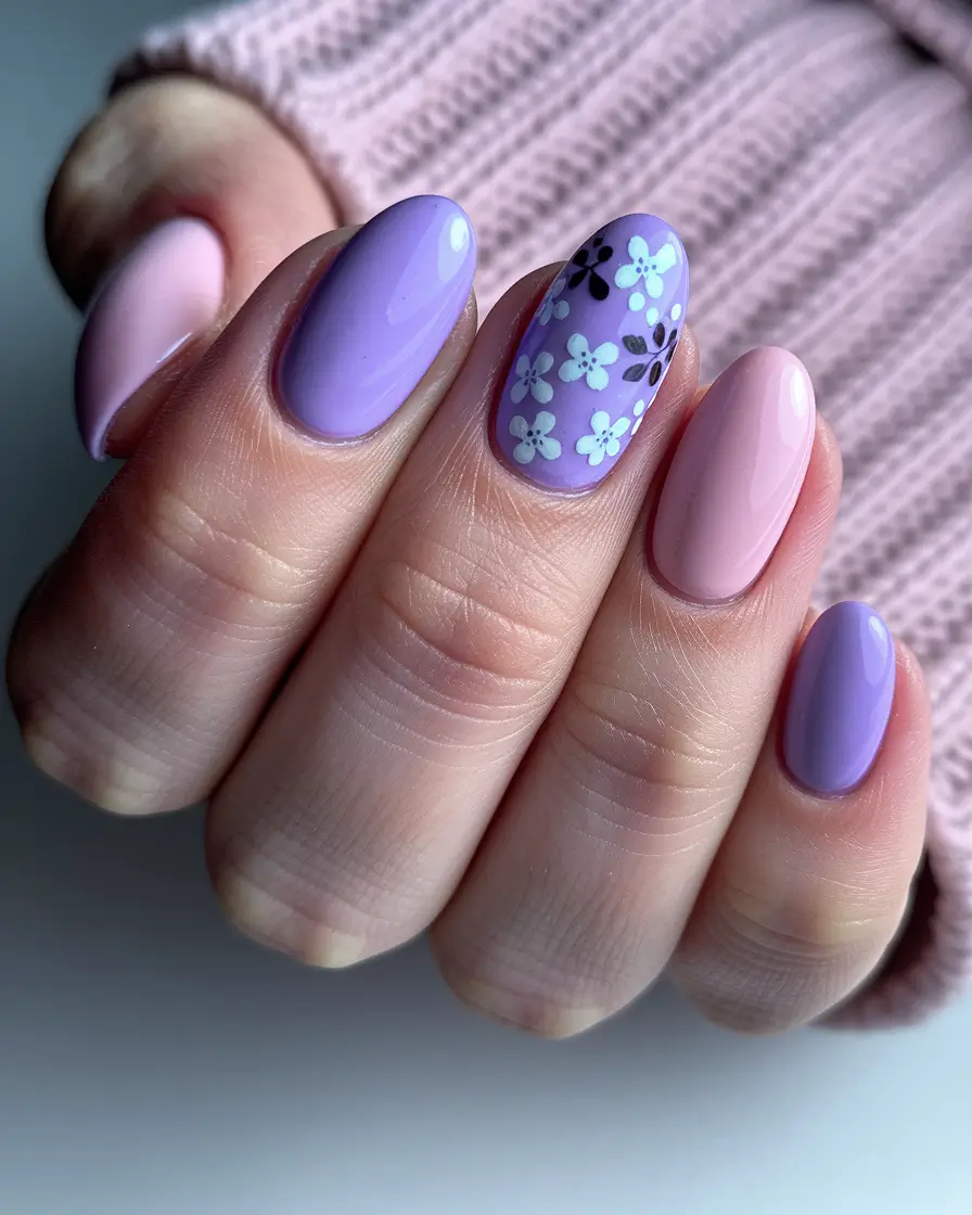 september nails designs almond Lavender Bloom and Baby Pink Whimsy