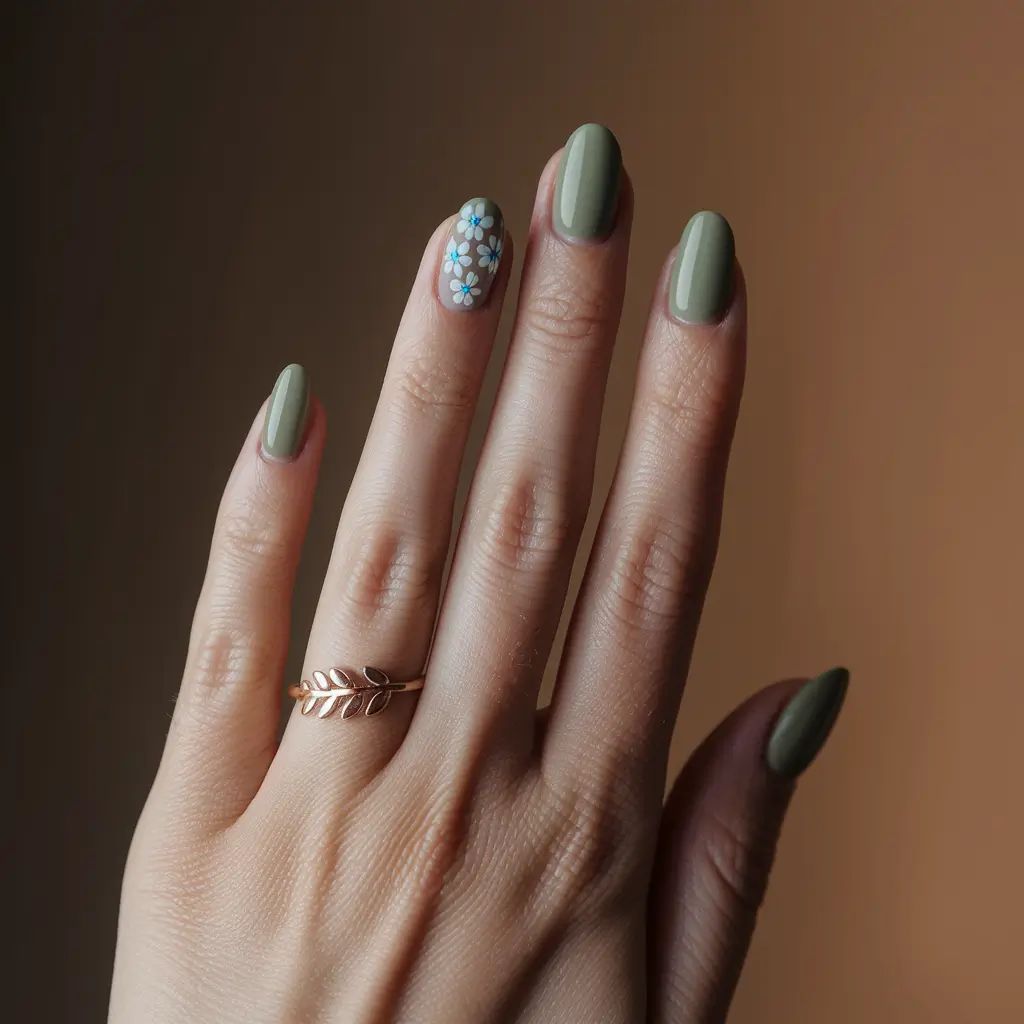 fall green Muted Sage with Blue Daisies